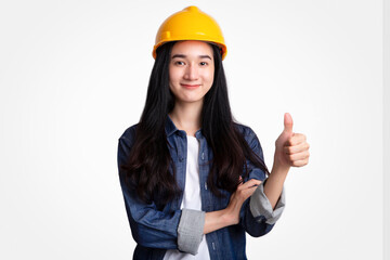 Portrait woman engineer with yellow safety helmet isolated on white background