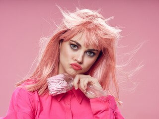 Party woman holidays pink shirt makeup 