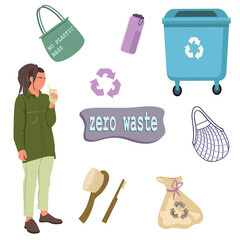 Collection of Zero Waste durable and reusable items or products. eco grocery bags, wooden cutlery,Zero waste concept set with eco objects, people and lettering.toothbrush. vegetable etc. Eco life