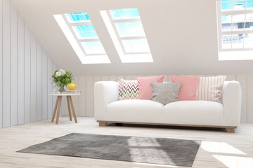 White modern room with sofa. Scandinavian interior design. 3D illustration