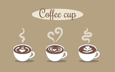 Three white cups of coffee on a brown background. Patterns of coffee. The art of drawing on coffee. - Vector