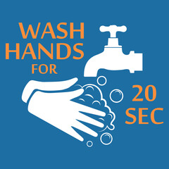 Wash your hands for 20 seconds with soap under running water. Hand washing flat icon.