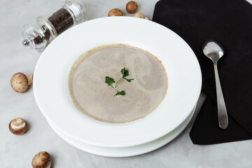 Mushroom soup with parsley on gray background, close up