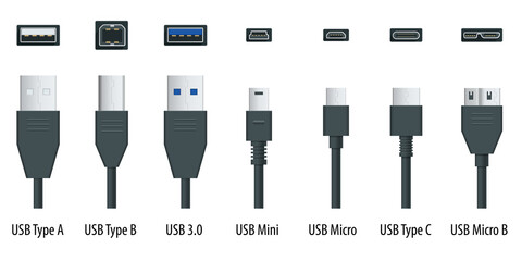 Flat black usb types port plug in cables set with realistic connectors. Connector and ports. USB type A, type B, type C, Micro, Mini, MicroB and type 3.0 - obrazy, fototapety, plakaty