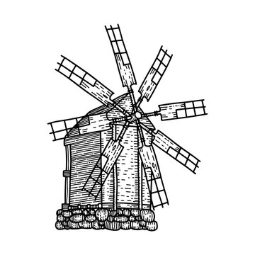 Sketch of old woodeb windmill isolated. Seven-blade mill. Hand drawn vector sketch illustration in Engraved linear style