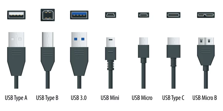 Flat black usb types port plug in cables set with realistic connectors.  Connector and ports. USB type A, type B, type C, Micro, Mini, MicroB and  type 3.0 Stock ベクター | Adobe Stock