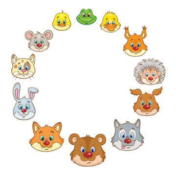Round frame made up of cute animal faces. In a cartoon style. Isolated on white background. Space for your text. Vector illustration