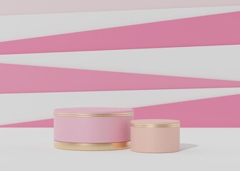 3d geometric forms. Blank podium in coral pink color. Fashion show stage,pedestal, shopfront with colorful theme. Minimal scene for  product display.