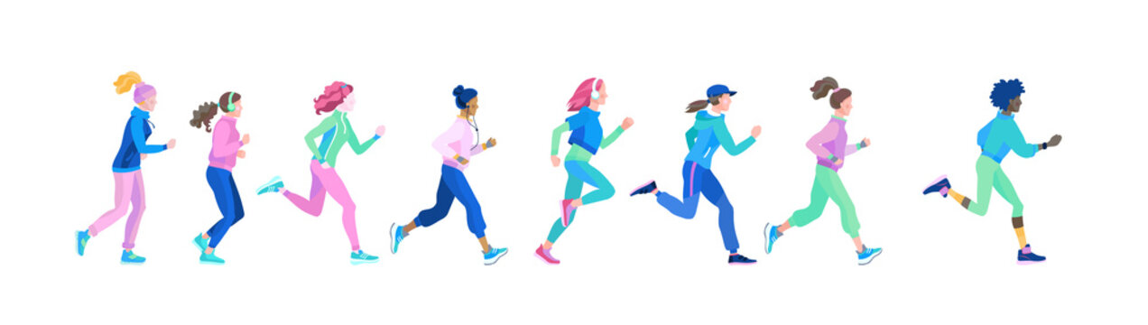 Set of young healthy women on jogging. Vector illustration in cartoon style of running blond and brunet girls of various nationalities. African, Asian and European women run in sports clothes.
