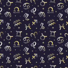 Seamless pattern with zodiac symbols and stars, gold icons. Horoscope. Aries, Taurus, Gemini, Cancer, Leo, Virgo, Libra, Scorpio, Sagittarius, Capricorn, Aquarius, Pisces. Vector illustration