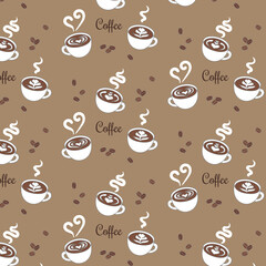 Coffee pattern with cute vector white cups and coffee beans