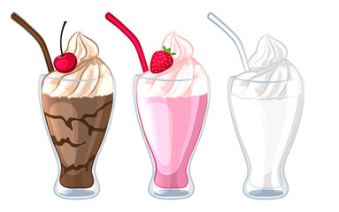 Set of different types of milkshakes. Milk, chocolate, strawberry cocktail. Isolated on a white background. Cartoon style. Vector illustration.