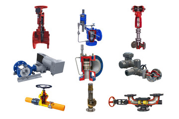 group of modern shut-off valves with automatic and manual control for a gas pipeline isolated on a white background. Lengthwise cut