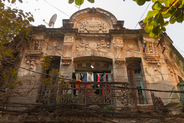 Hanoi, Vietnam 20/12/2013 Colonial architecture in Old Quarter with washing