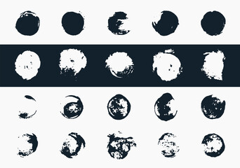 Large set of round ink templates. Full circles and arcs. Vector labels for design. Modern texture, dirty stains. Isolated circles in hipster style.