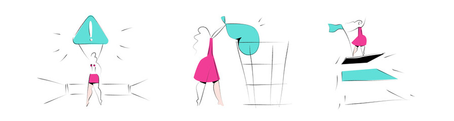 Danger allert, error, bin, layers - vector illustrations on a white background. Product categories set. Woman in pink dress. Activities. Empty states scenes.