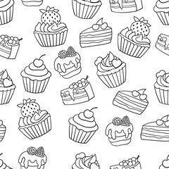 Seamless background with sweet cakes, coloring page