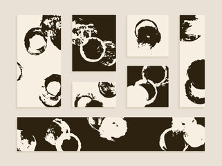 Blot circles on white and black background. A set of handmade templates for design. Abstract ink blots. Business cards, horizontal and vertical brochures, banners.