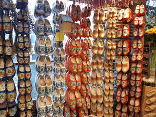 Fototapeta premium Wooden clogs at souvenir store. Amsterdam, North Holland , Neterlands .