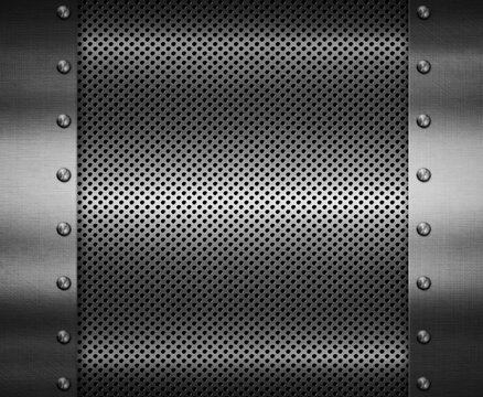 Metal plates with screws on perforated texture. 3d illustration
