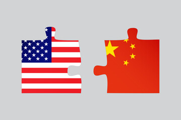 Flags of the USA and China in the form of puzzles. International relations of the two countries. Partnership in business, economy. 