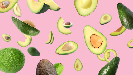 Fresh ripe avocados falling on pink background, banner design