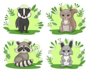Set of cute cartoon cubs of forest animals. Badger, squirrel, raccoon and hare. Cartoon style. Vector illustration.