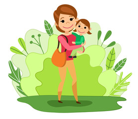 Mother with little daughter in her arms walking in the park. Happy family. Cartoon style. Vector illustration.