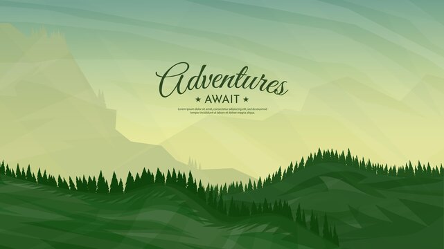 Vector illustration. Meadow flat landscape. Clear polygonal sky. Triangle shapes. Hills. Graphic modern backdrop. Abstract art. Minimalist style. Design element for poster. Natural concept. Panorama