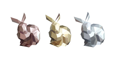 A set of stylized images of rabbits. Abstract image from geometric shapes. Origami for prints of animals on fashion clothes. Three rabbits in silver, gold and copper