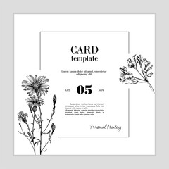 Black and white invitation with flowers. Minimalist wedding invitation card design, foliage, ink drawing with square frame on white