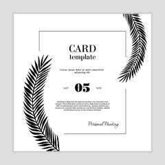 Black and white invitation with flowers. Minimalist wedding invitation card design, foliage, ink drawing with square frame on white