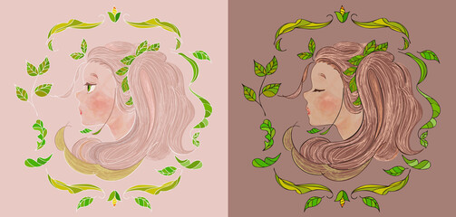 装飾的な植物に縁取られた、かわいい女の子のベクターイラスト