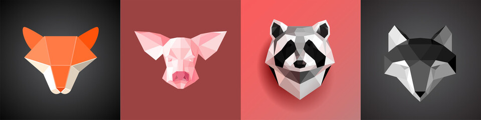A set of stylized images of animals. Abstract head drawn from geometric shapes. Origami for animal prints on fashion clothes. Predators - Lisa, a wolf, as well as a raccoon and a pig.