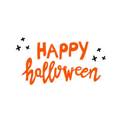 Happy Halloween orange handwritten lettering with doodle black cross elements. Isolated on white background. Vector stock illustration.