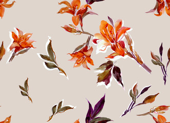Hand Drawn Watercolor Seamless Pattern Floral Composition of Orange Lilies  on Violet Background