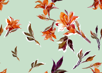 Hand Drawn Watercolor Seamless Pattern Floral Composition of Orange Lilies  on Blue Background
