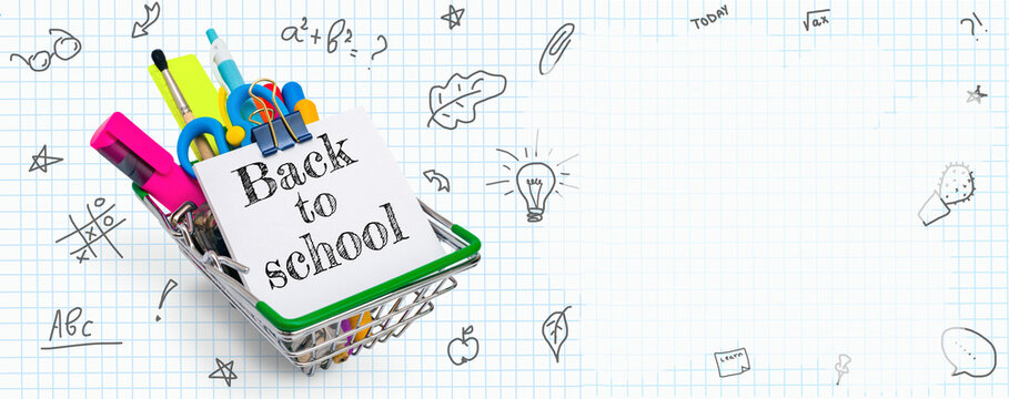 The education concept on checkered background. A mini shopping cart with office supplies and words back to school on sticky sheets on exercise book page. Purchases for study. Banner, copy space. - Powered by Adobe