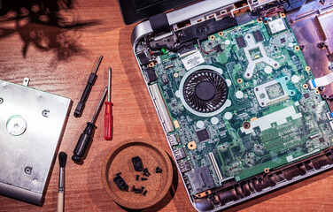 Computer circuit board. Computer repair shop. High technology. Motherboard. Laptop motherboard. Cooler