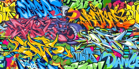 Foto auf Acrylglas Abstraktes buntes Graffiti-Straßen-Kunst-nahtloses Muster. Vektorillustrations-Hintergrundkunst © Anton Kustsinski
