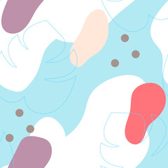 Vector seamless pattern with linear monstera leaf and shapes in pastel colors. Modern abstract print on blue background. For fabric, textile design, texture and ornament, wallpaper, wrapping paper