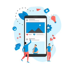 Social media concept with photo content, like and comment. Vector flat illustration