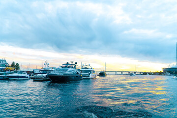 dawn at sea in the port