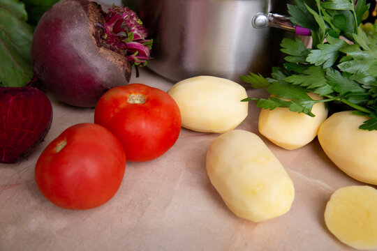 Raw Ingredients For Making Red Beet Borscht.