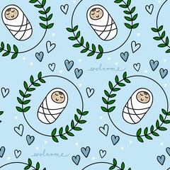 sweet little baby newborn in floral wreath with little hearts and welcome text vector seamless pattern on blue background