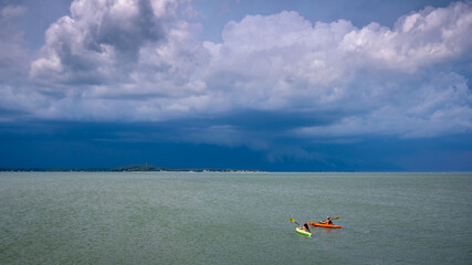 Storm clouds over Plymouth, Massachusetts harbor