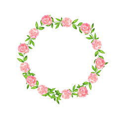Pink rose flowers and green leaves round frame on white background. hand drawn watercolor illustration.