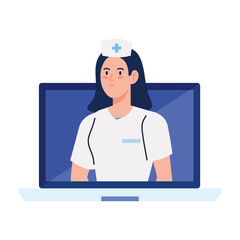 medicine online with nurse in computer, on white background vector illustration design