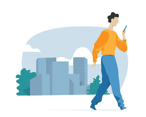 Giovane ragazzo che cammina con il cellulare sullo sfondo della città © Hurca!