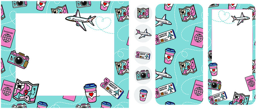 Set Travel Pack Sticker Wanderlust, Plane Tickets Passport And Coffee For The Trip, Road Map And Plane,  , Photo Frame, Instagram Story Highlight Adventure App, Background - Template Design For Poster